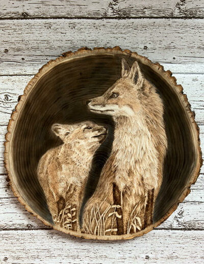 handmade pyrography foxes, wildlife pyrography