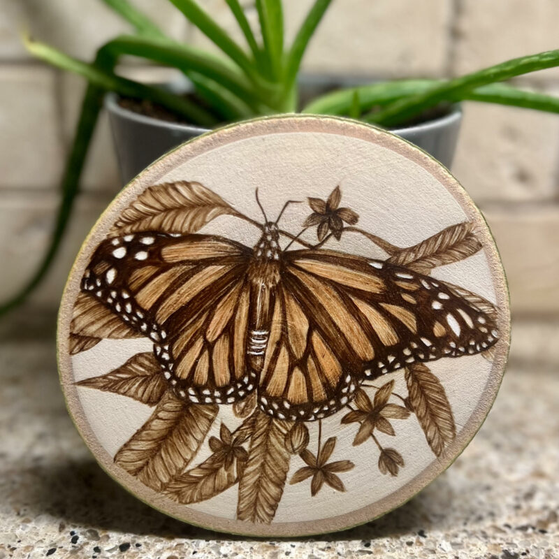 woodburned art, monarch butterfly art, pyrography art, wildlife art