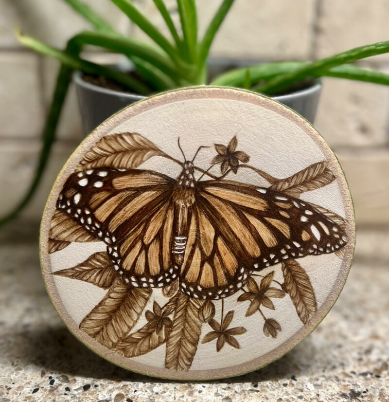 woodburned art, monarch butterfly art, pyrography art, wildlife art