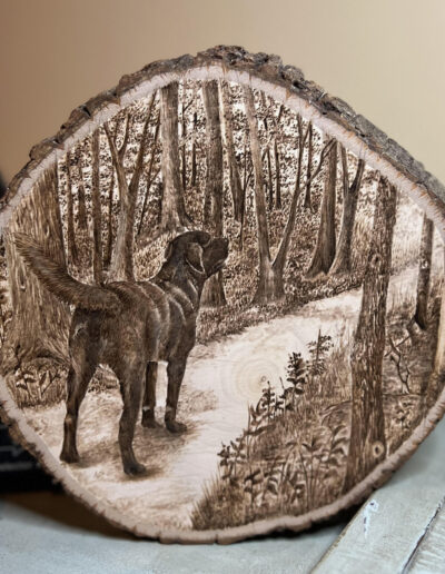 dog portrait, pyrography art, woodburning art