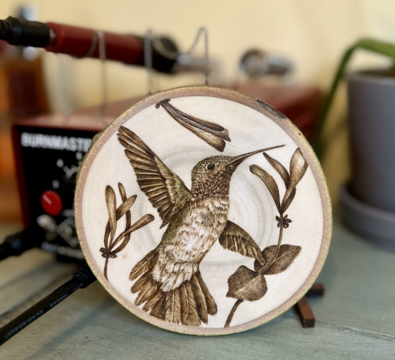 handmade hummingbird pyrography art