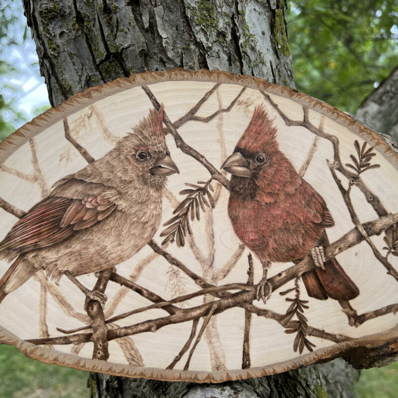 handmade pyrography art, pyrography cardinals, bird art